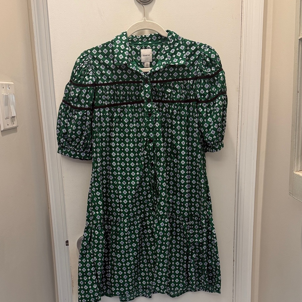 Maeve Green Printed Puff-Sleeve Mini Dress